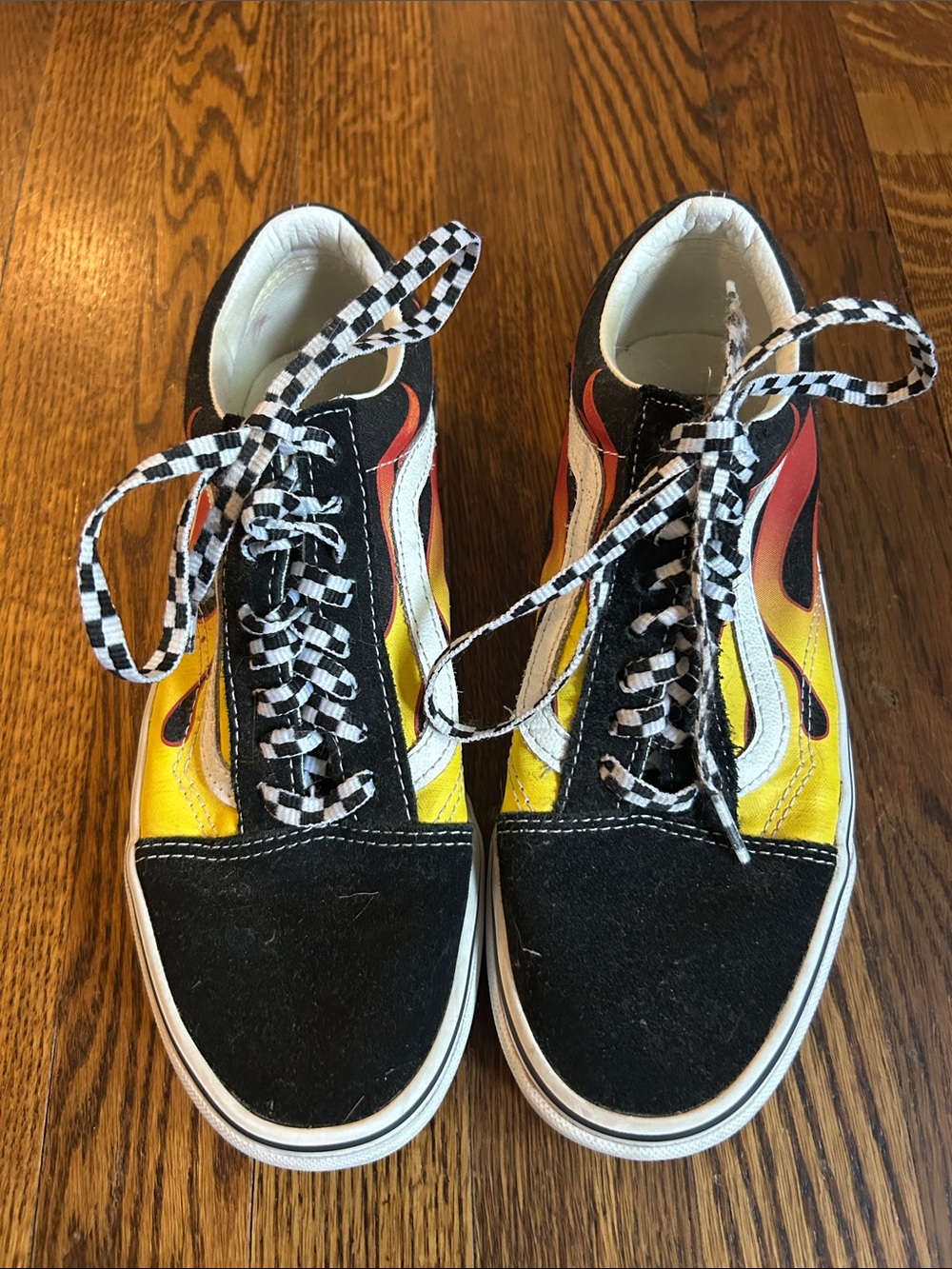 Vans Wonens Flame Skate Sneakers in Black, Yellow & Red